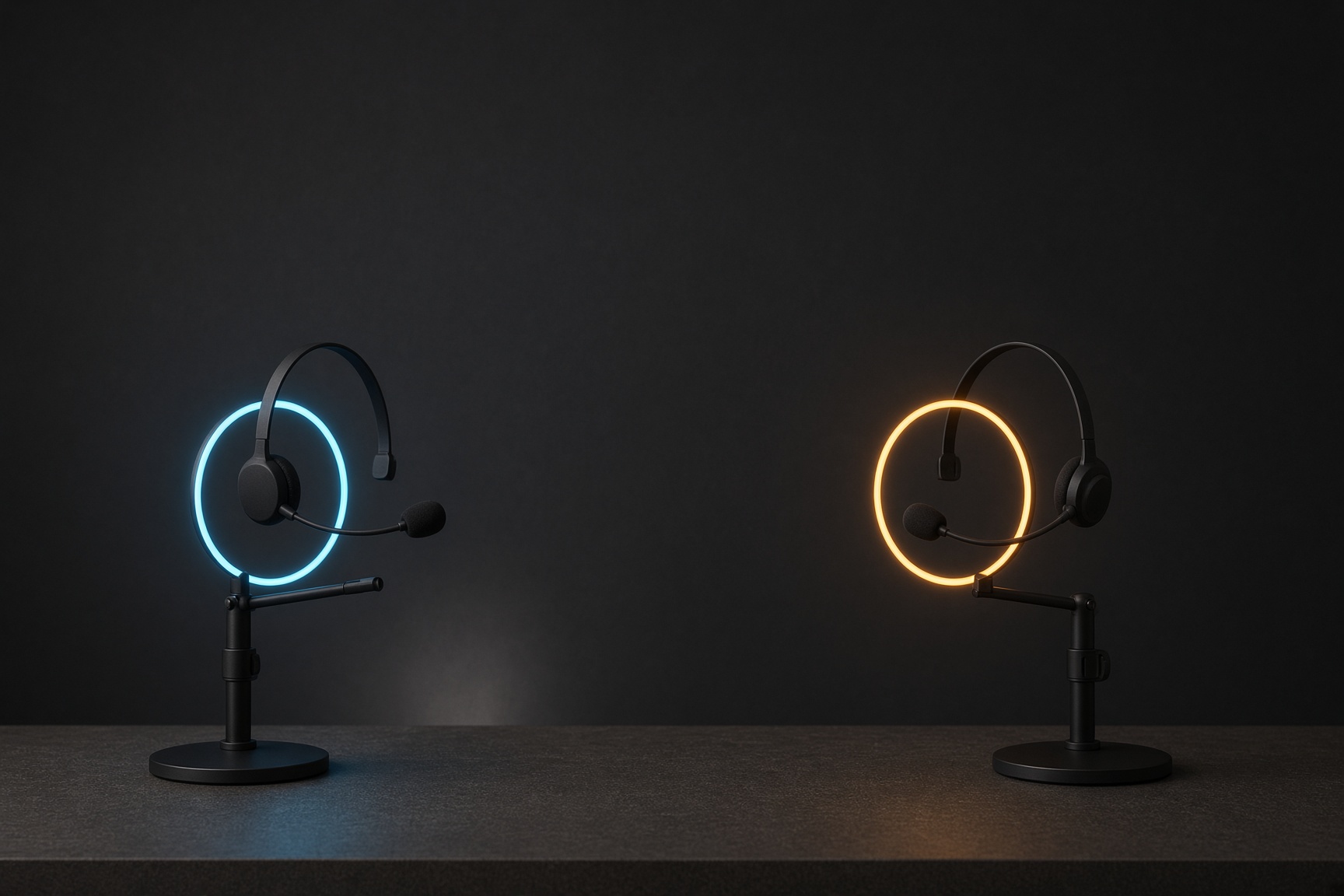 Two headsets on stands, one with a cyan ring and one with an amber ring.